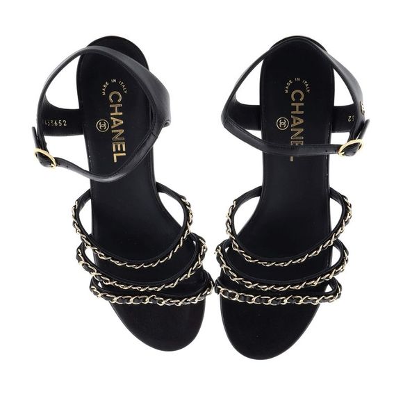 Chanel Women's Chain Ankle Strap Sandals Leather Black - Picture 2 of 5